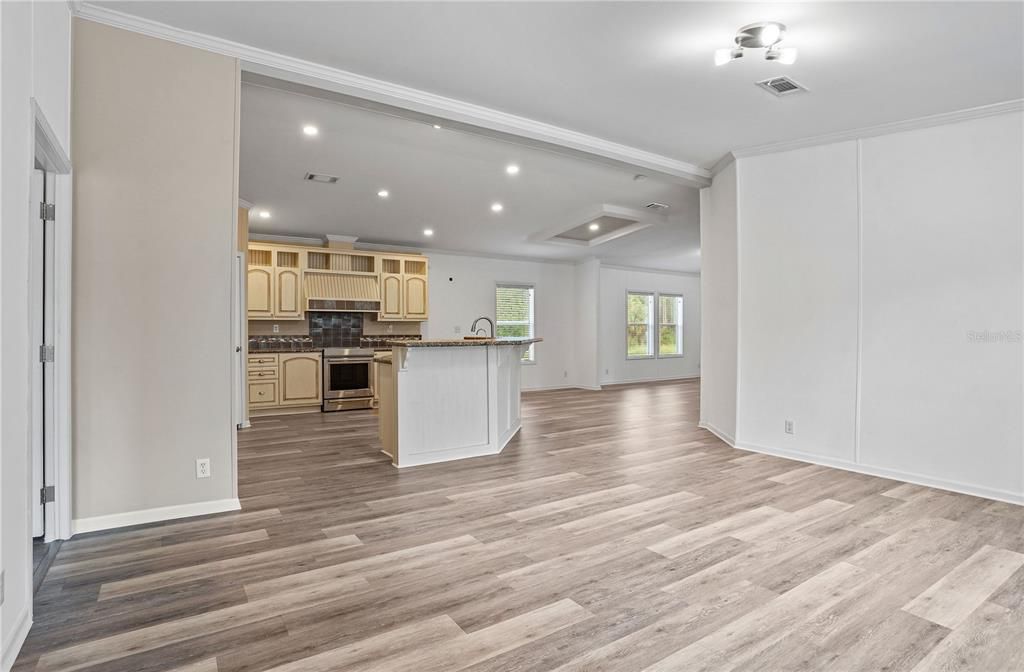 Empty room, Interior, Kitchen, Recessed Lighting, Wood Texture Flooring