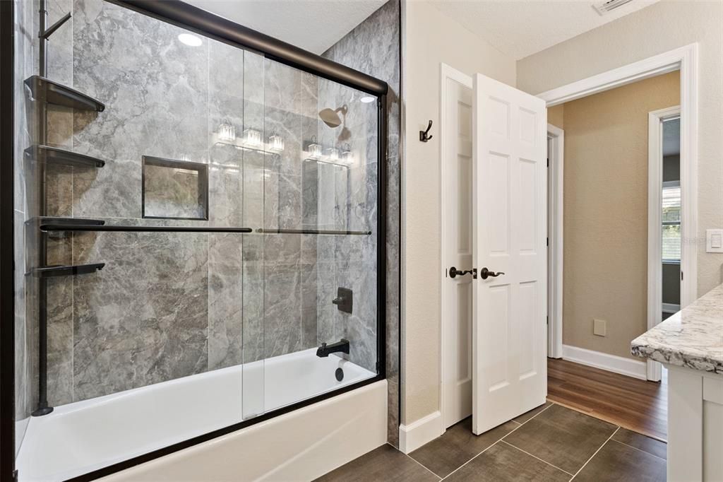 Bathroom, Glass Shower, Interior, Wood Texture Flooring