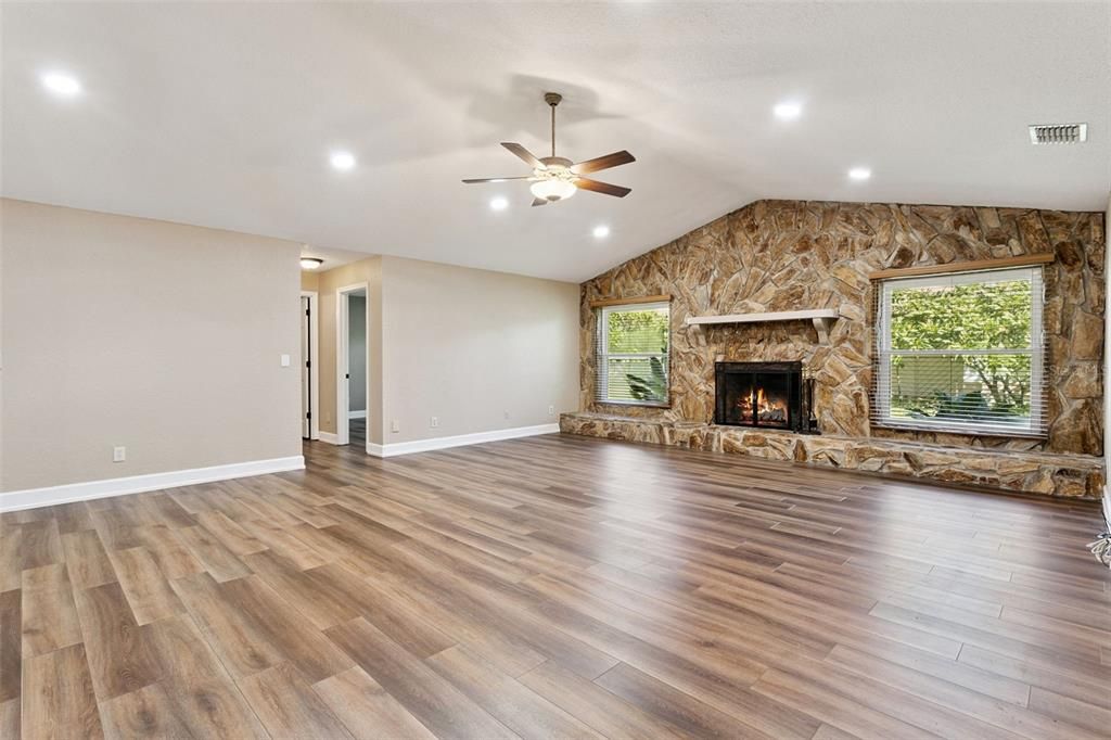 Empty room, Fireplace, Interior, Recessed Lighting, Wood Texture Flooring