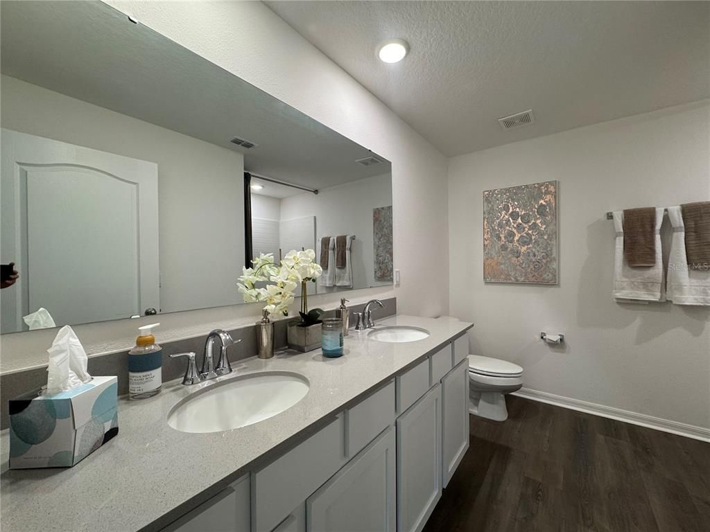 Bathroom, Dual Sink Vanities, Interior, Recessed Lighting, Wood Texture Flooring