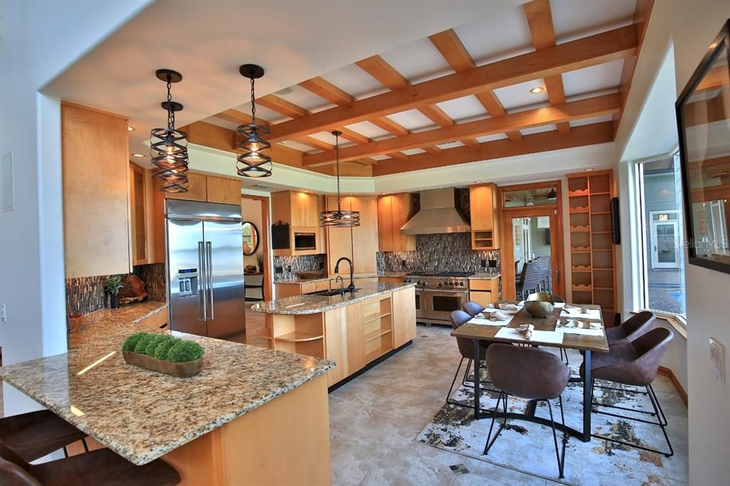 Dining room, Interior, Kitchen, Pendant Lights, Recessed Lighting, Stainless Steel Appliances, Wooden Beams
