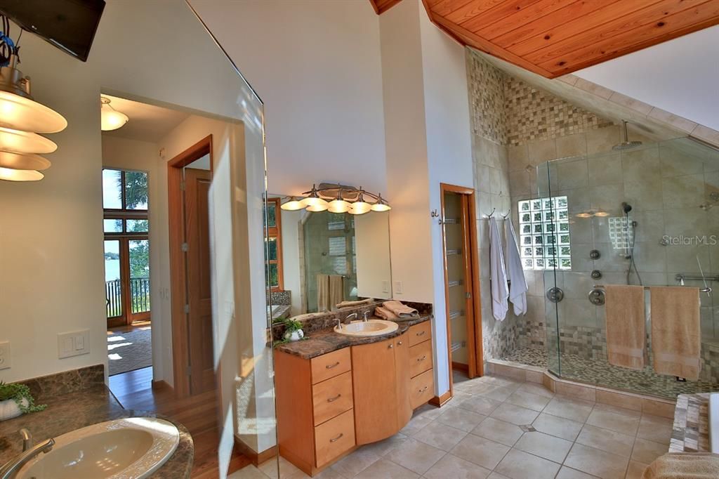 Bathroom, Dual Sink Vanities, Glass Shower, Interior, Wooden Ceilings