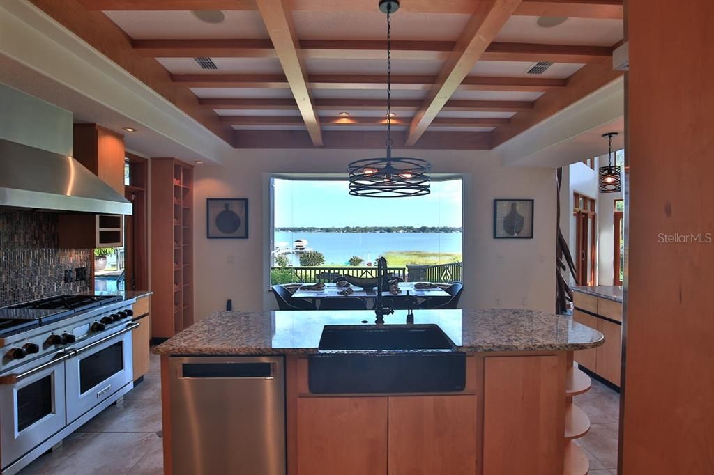Chandelier, Interior, Kitchen, Pendant Lights, Stainless Steel Appliances, Water, Wooden Beams