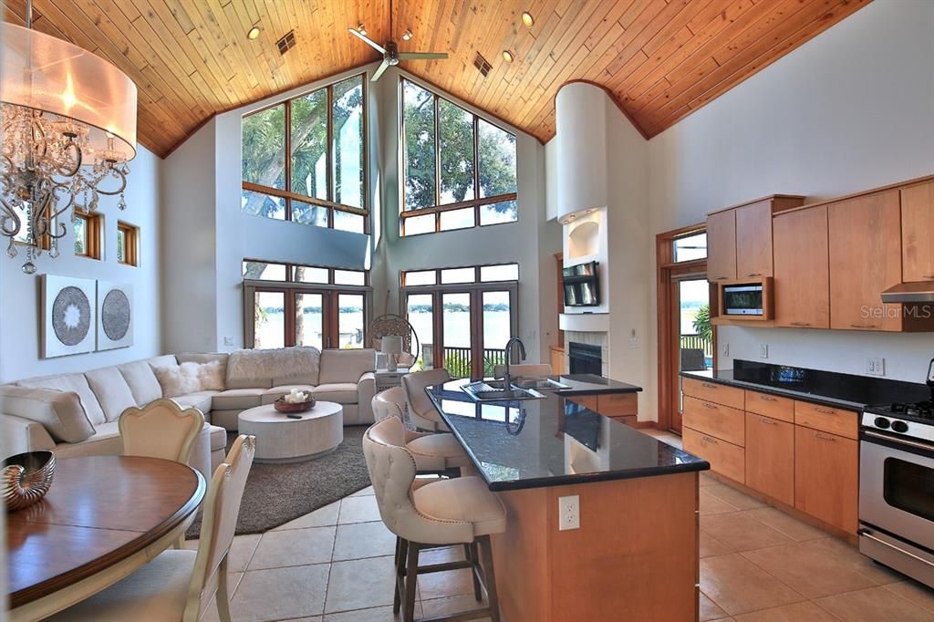 Dining room, Fireplace, Interior, Kitchen, Living room, Stainless Steel Appliances, Wooden Ceilings
