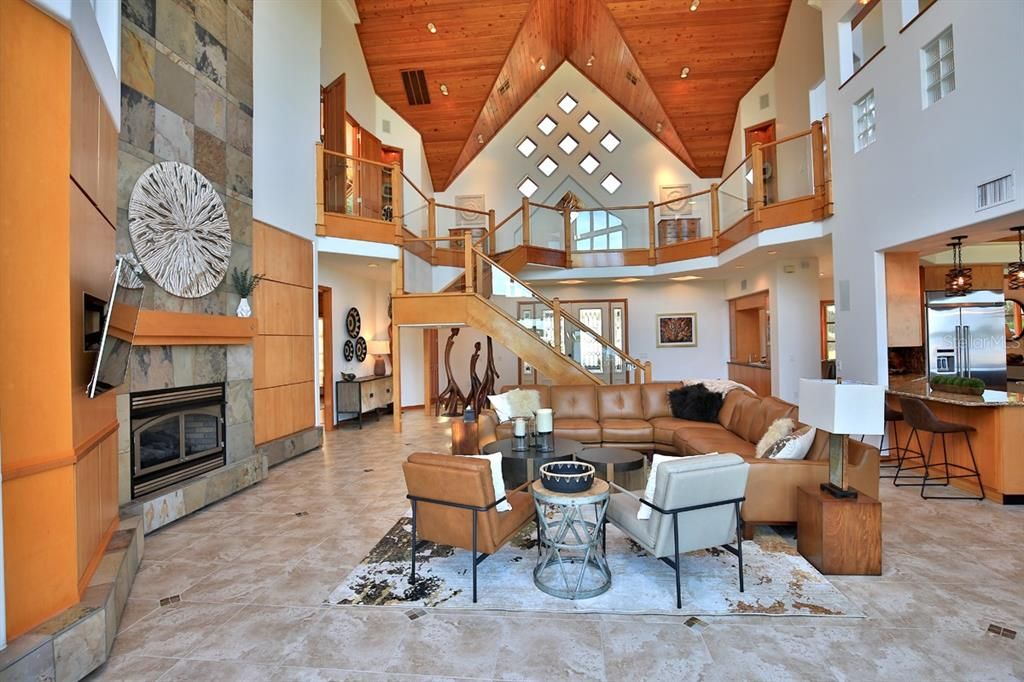 Fireplace, Interior, Kitchen, Living room, Recessed Lighting, Wooden Ceilings