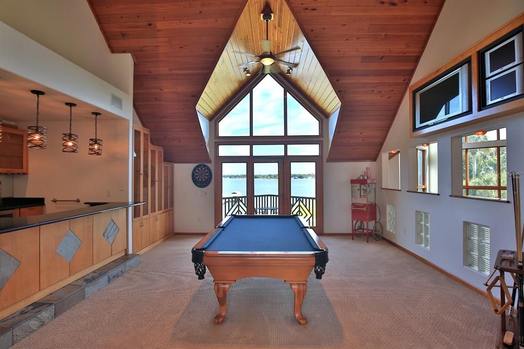 Billiard Table, Game Room, Interior, Pendant Lights, Water, Wooden Beams, Wooden Ceilings