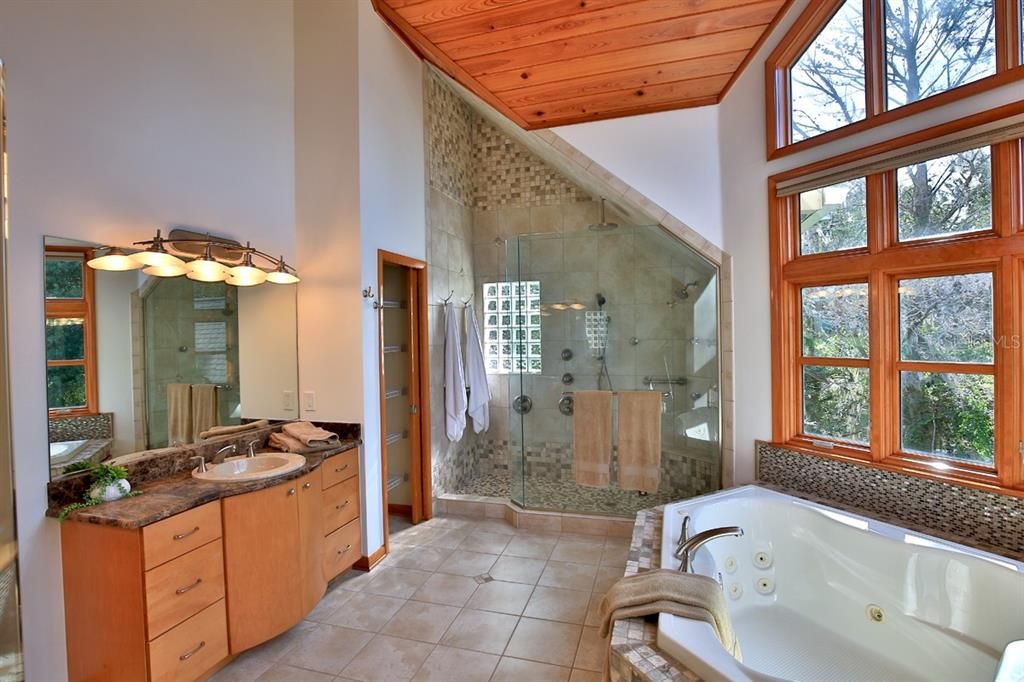 Bathroom, Dual Sink Vanities, Glass Shower, Interior, Wooden Ceilings