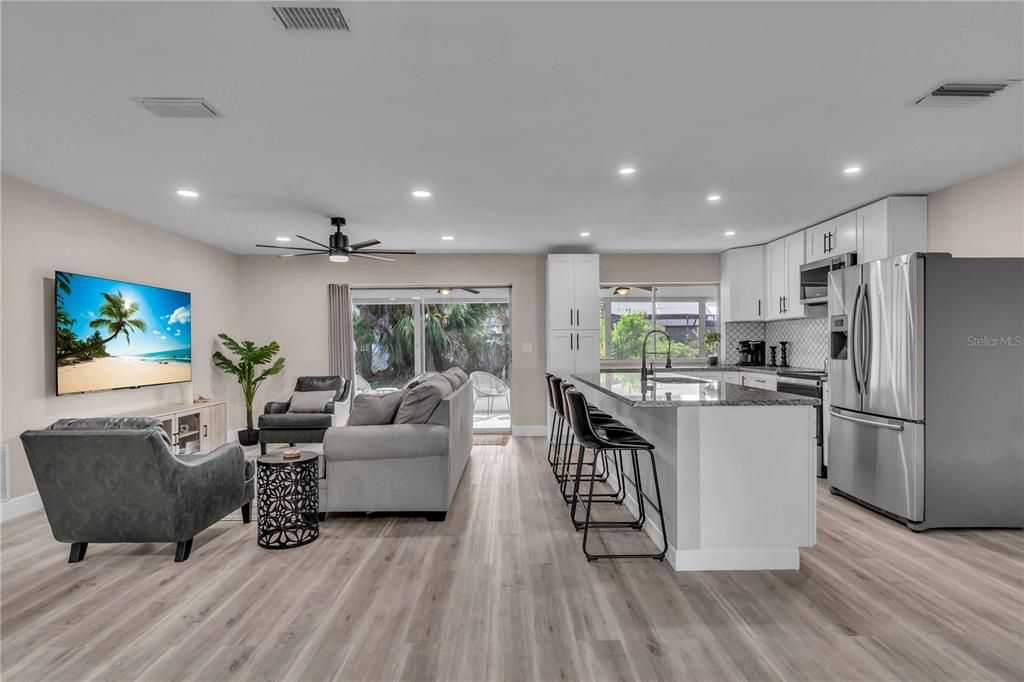 Interior, Kitchen, Living room, Recessed Lighting, Stainless Steel Appliances, Wood Texture Flooring