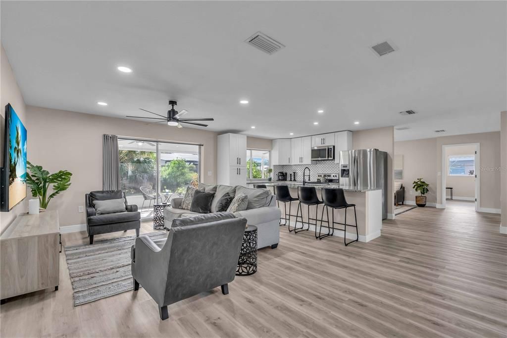 Interior, Kitchen, Living room, Recessed Lighting, Stainless Steel Appliances, Wood Texture Flooring
