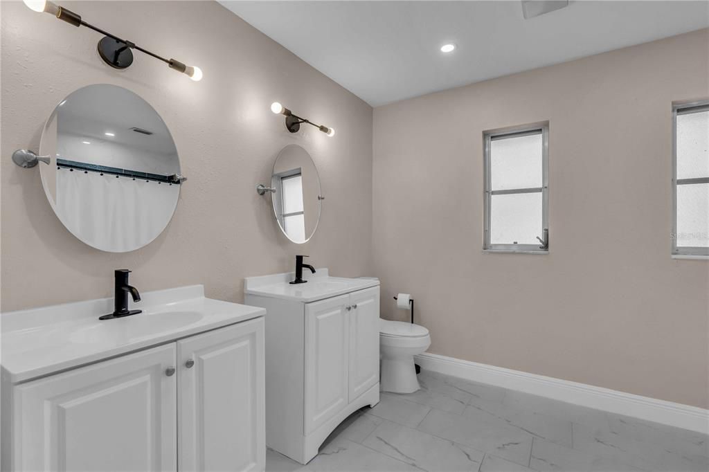 Bathroom, Dual Sink Vanities, Interior, Marble, Recessed Lighting