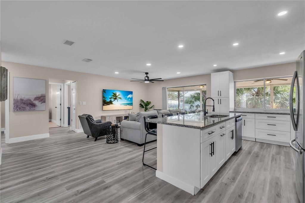 Interior, Kitchen, Living room, Recessed Lighting, Wood Texture Flooring