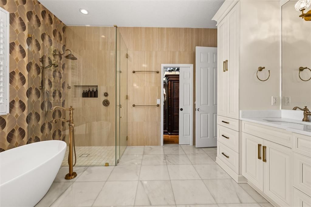 Bathroom, Free Standing Baths, Glass Shower, Interior, Recessed Lighting