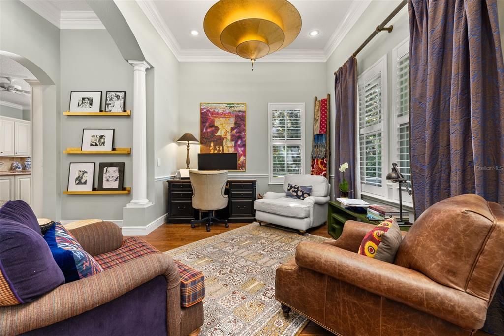 Home Office, Interior, Living room, Pendant Lights, Recessed Lighting, Wood Texture Flooring