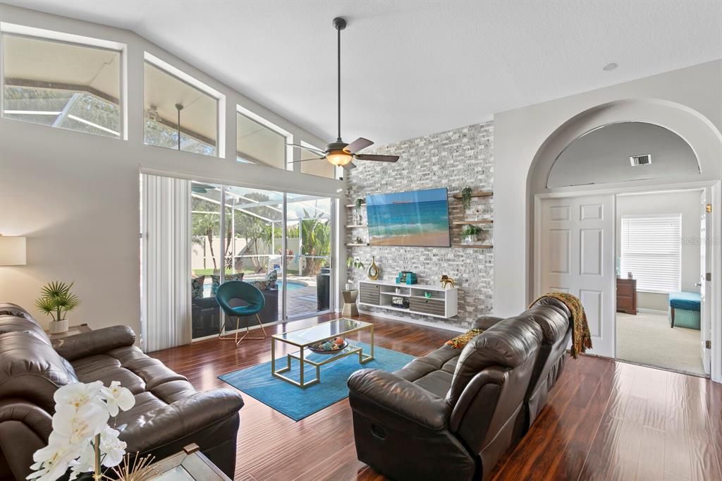 Fireplace, Interior, Living room, Stone Walls, Wood Texture Flooring