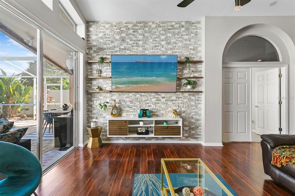 Interior, Stone Walls, Wood Texture Flooring