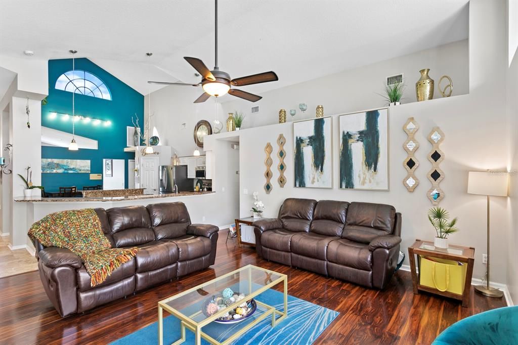 Interior, Kitchen, Living room, Pendant Lights, Wood Texture Flooring