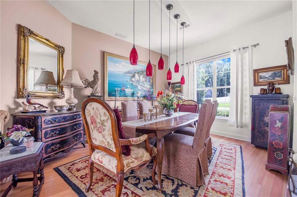 Dining room, Interior, Pendant Lights, Wood Texture Flooring