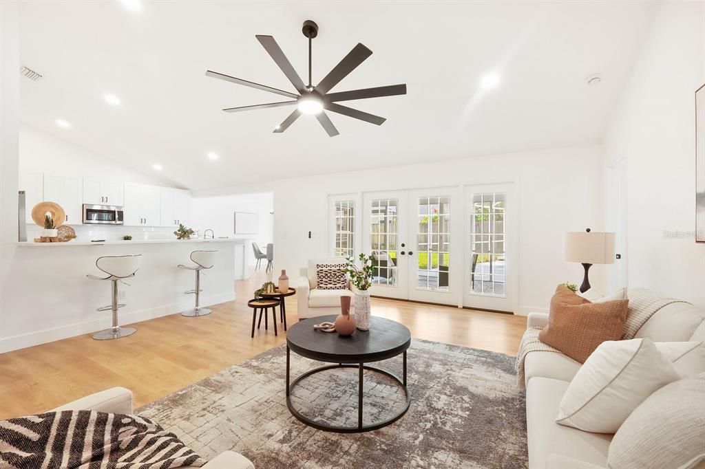 Interior, Kitchen, Living room, Recessed Lighting, Wood Texture Flooring