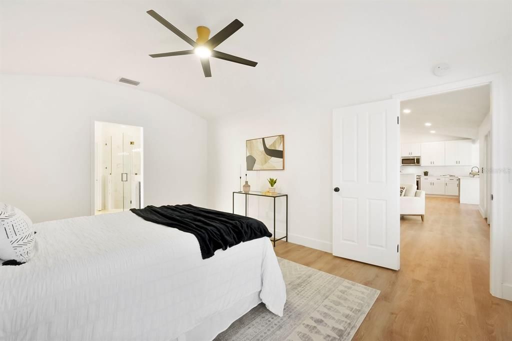 Bedroom, Interior, Kitchen, Recessed Lighting, Wood Texture Flooring