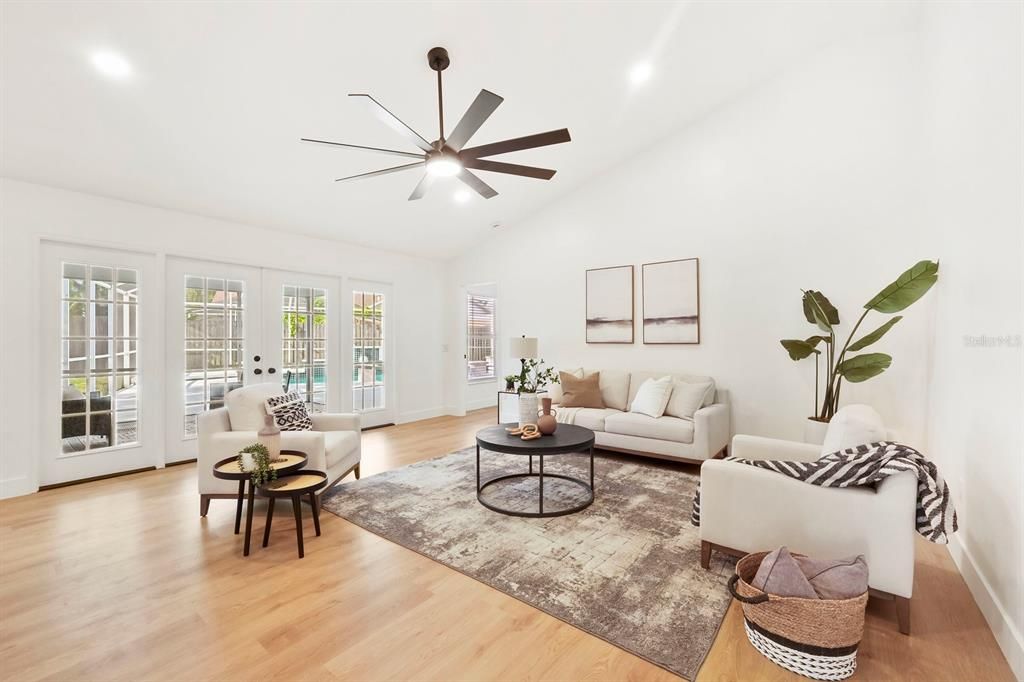 Interior, Living room, Recessed Lighting, Wood Texture Flooring