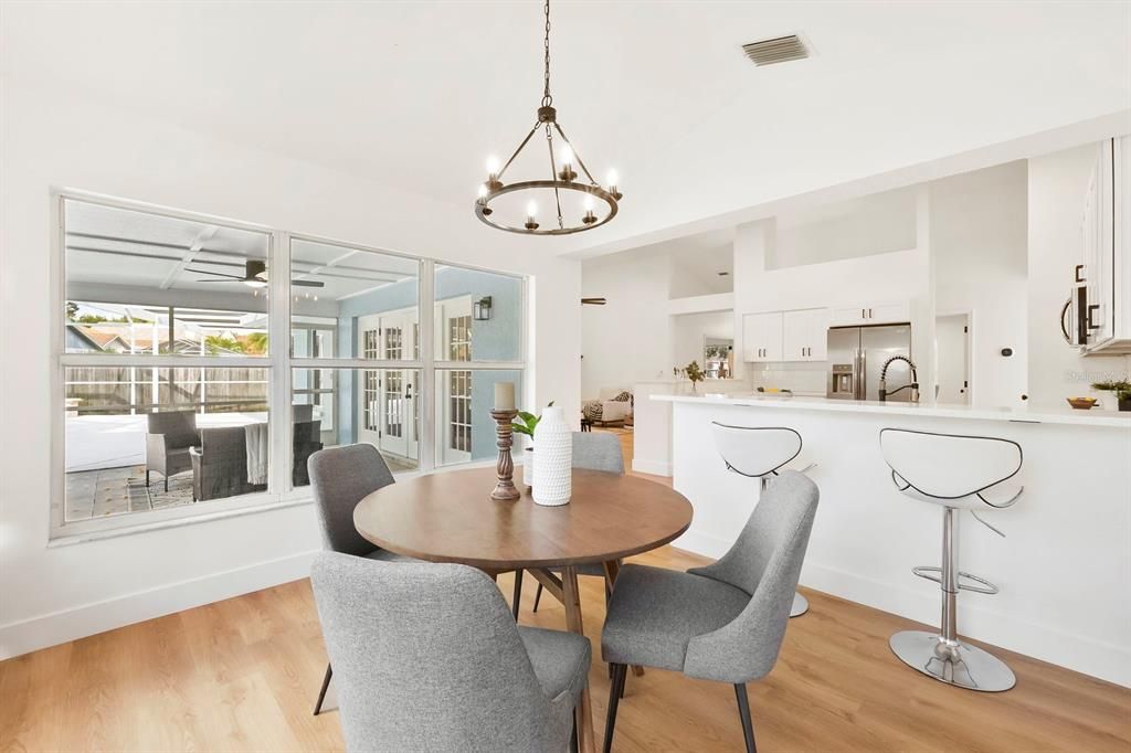 Dining room, Interior, Kitchen, Pendant Lights, Wood Texture Flooring