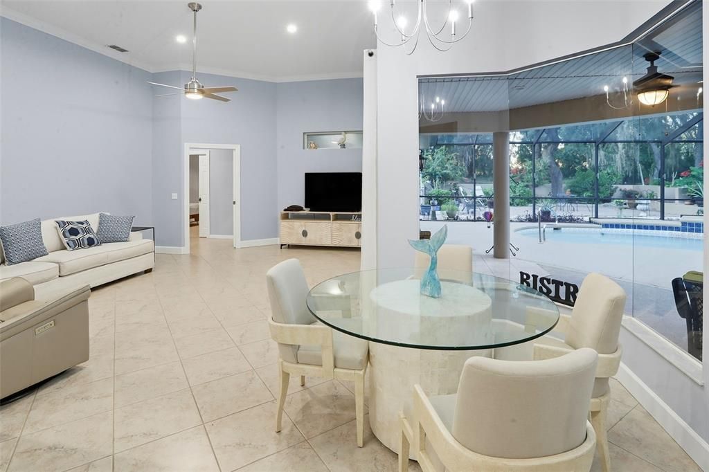 Dining room, Interior, Living room, Pool, Recessed Lighting, Sun Room
