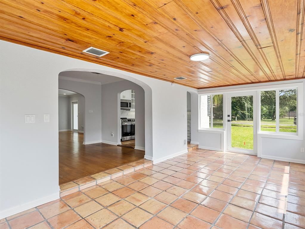 Empty room, Interior, Kitchen, Recessed Lighting, Wooden Ceilings, Wood Texture Flooring