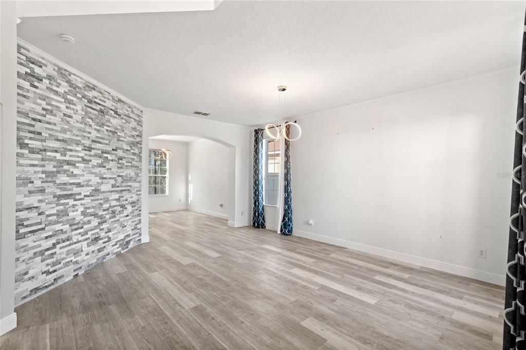 Empty room, Interior, Pendant Lights, Stone Walls, Wood Texture Flooring