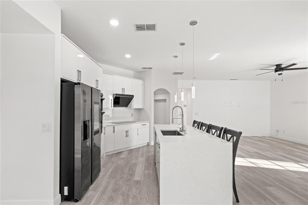 Interior, Kitchen, Pendant Lights, Recessed Lighting, Wood Texture Flooring