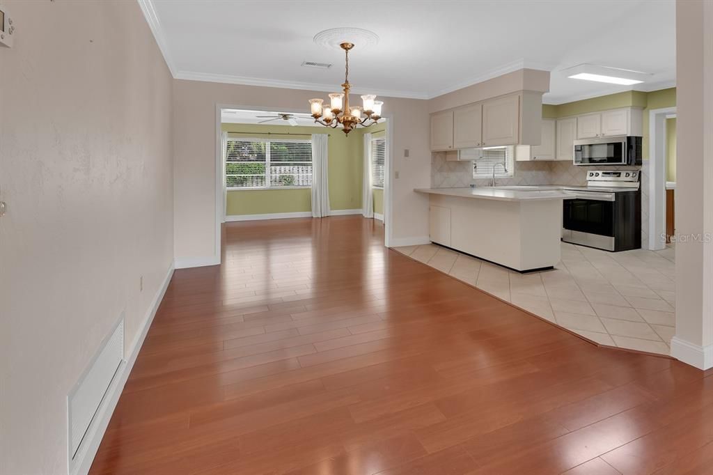 Chandelier, Interior, Kitchen, Stainless Steel Appliances, Wood Texture Flooring