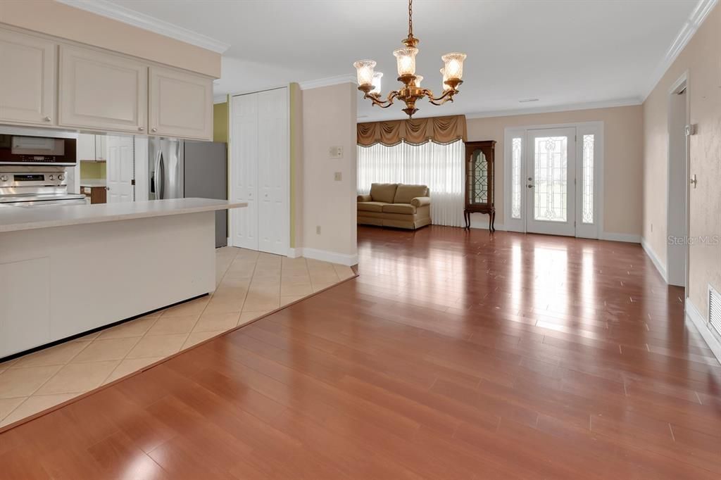 Chandelier, Interior, Kitchen, Stainless Steel Appliances, Wood Texture Flooring