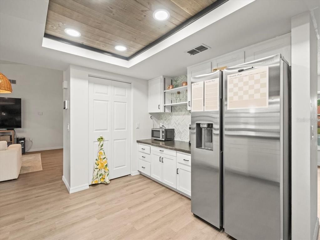 Interior, Kitchen, Recessed Lighting, Stainless Steel Appliances, Wooden Ceilings, Wood Texture Flooring