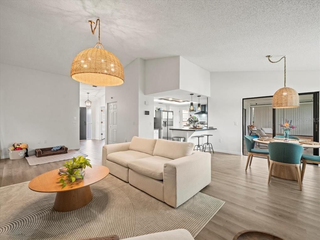 Dining room, Interior, Kitchen, Living room, Pendant Lights, Wood Texture Flooring