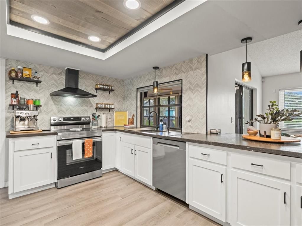 Interior, Kitchen, Pendant Lights, Recessed Lighting, Stainless Steel Appliances, Stone Walls, Wooden Ceilings, Wood Texture Flooring