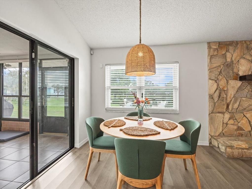 Dining room, Interior, Pendant Lights, Stone Walls, Wood Texture Flooring