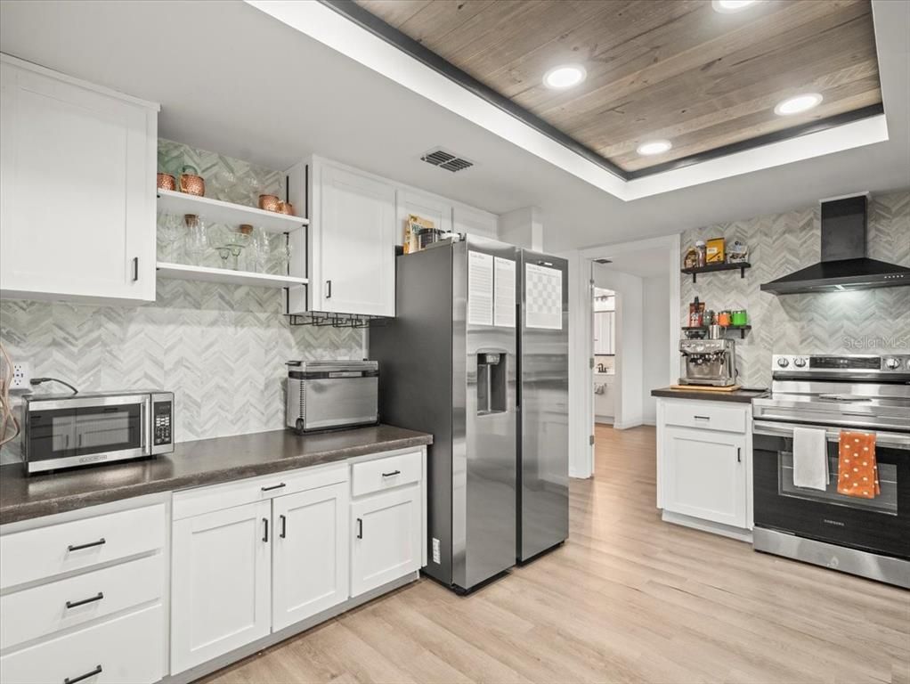 Interior, Kitchen, Recessed Lighting, Stainless Steel Appliances, Wooden Ceilings, Wood Texture Flooring