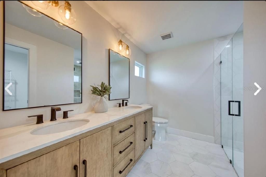 Bathroom, Dual Sink Vanities, Glass Shower, Interior, Marble