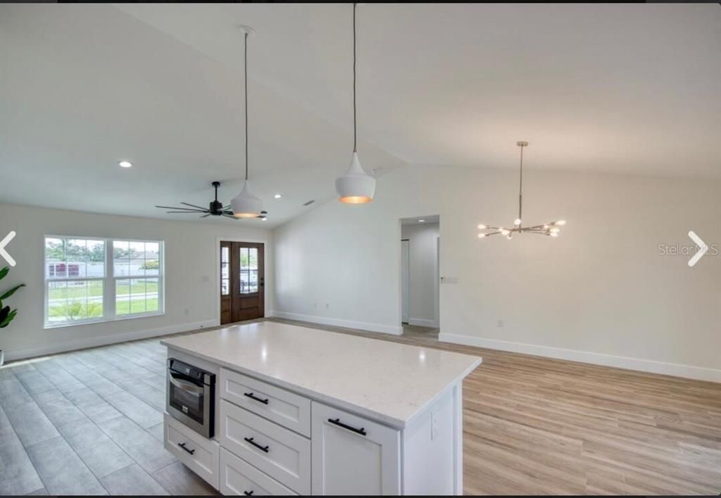 Empty room, Interior, Kitchen, Pendant Lights, Recessed Lighting, Wood Texture Flooring