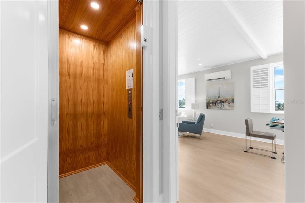 Elevator, Interior, Recessed Lighting, Wooden Ceilings, Wood Texture Flooring, Wooden Walls