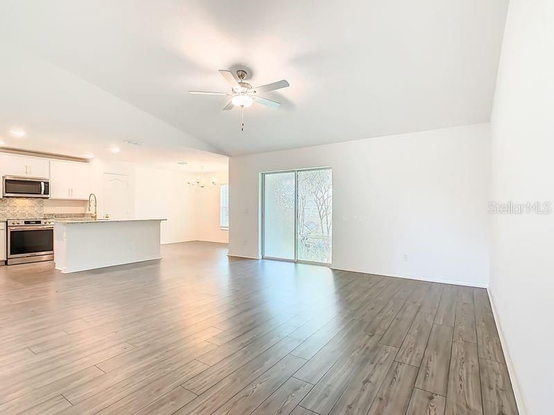 Empty room, Interior, Kitchen, Recessed Lighting, Wood Texture Flooring