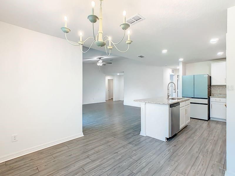 Chandelier, Interior, Kitchen, Recessed Lighting, Wood Texture Flooring