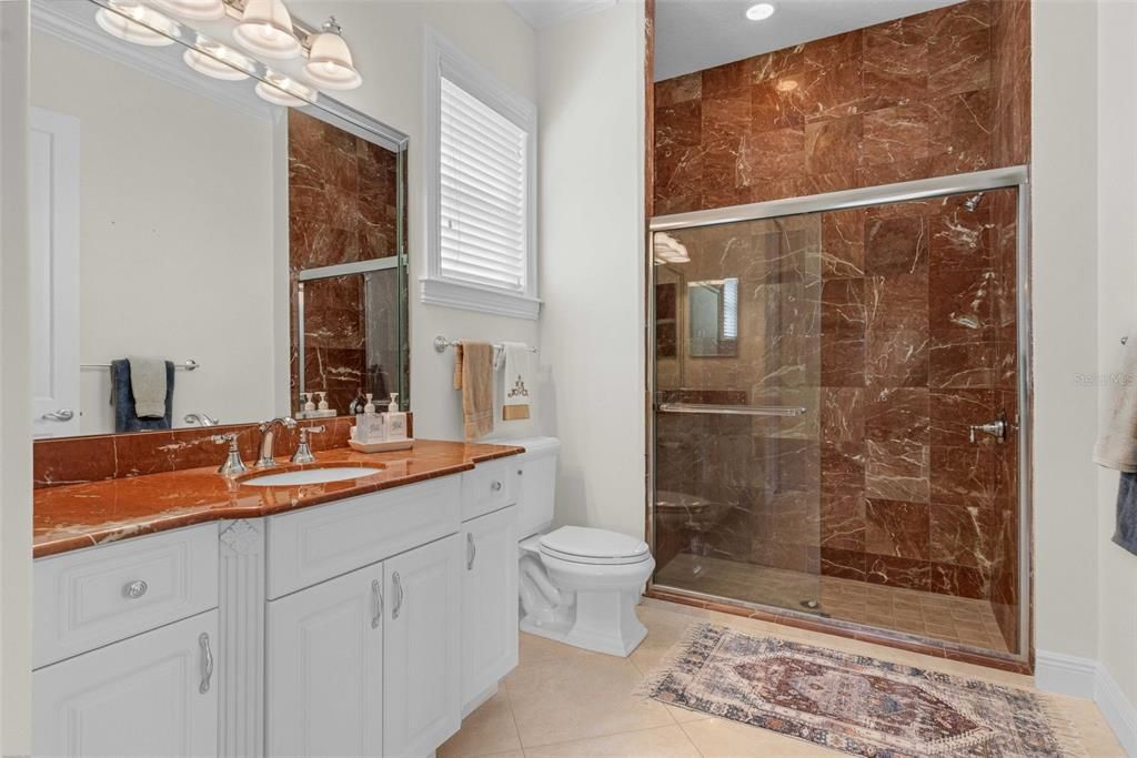 Bathroom, Glass Shower, Interior, Marble Walls, Recessed Lighting