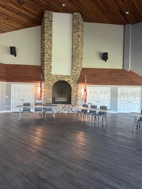 Fireplace, Interior, Recessed Lighting, Stone Walls, Wooden Ceilings, Wood Texture Flooring