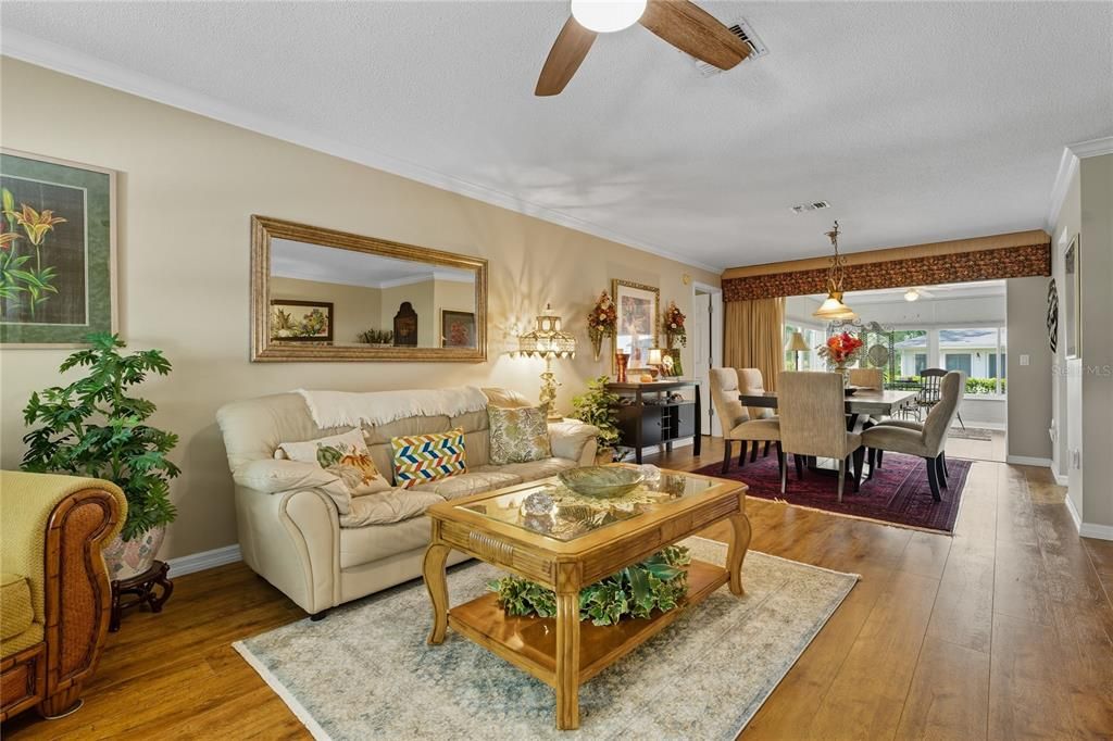 Dining room, Interior, Living room, Pendant Lights, Wood Texture Flooring