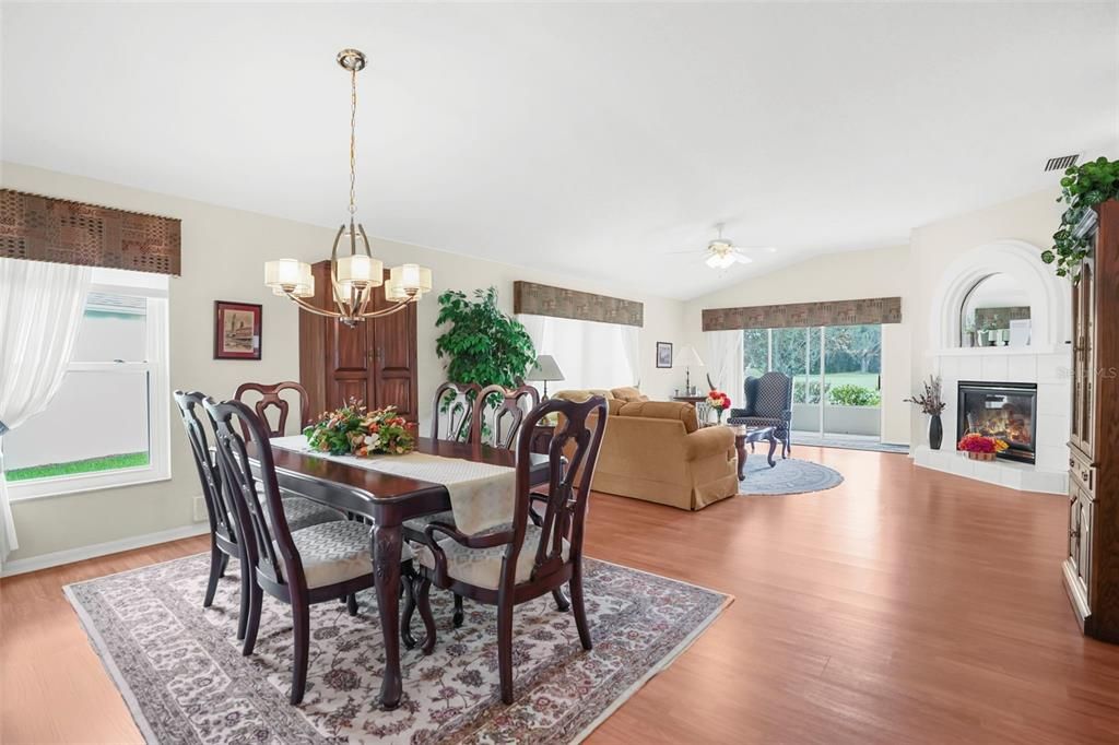 Chandelier, Dining room, Fireplace, Interior, Living room, Wood Texture Flooring
