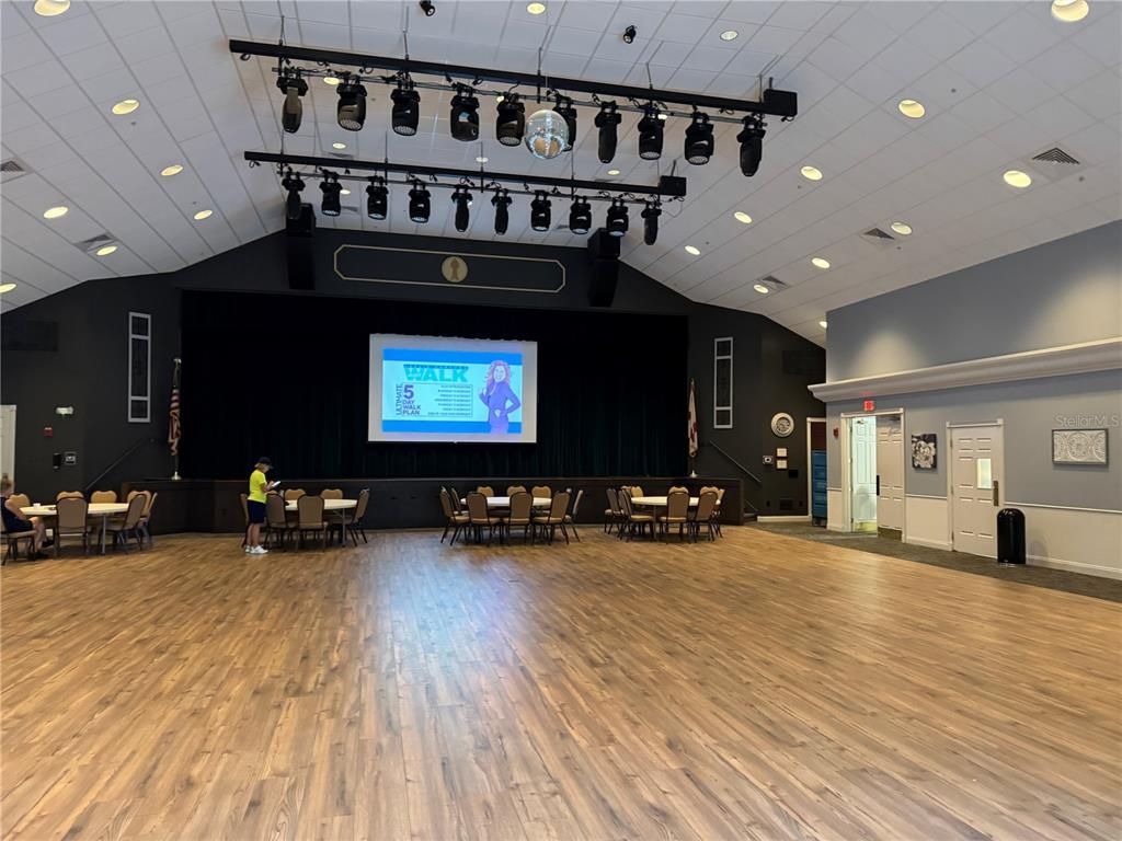 Dining room, Interior, Projection Screen, Recessed Lighting, Wood Texture Flooring