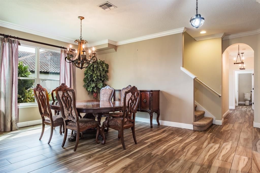 Chandelier, Dining room, Interior, Pendant Lights, Recessed Lighting, Wood Texture Flooring