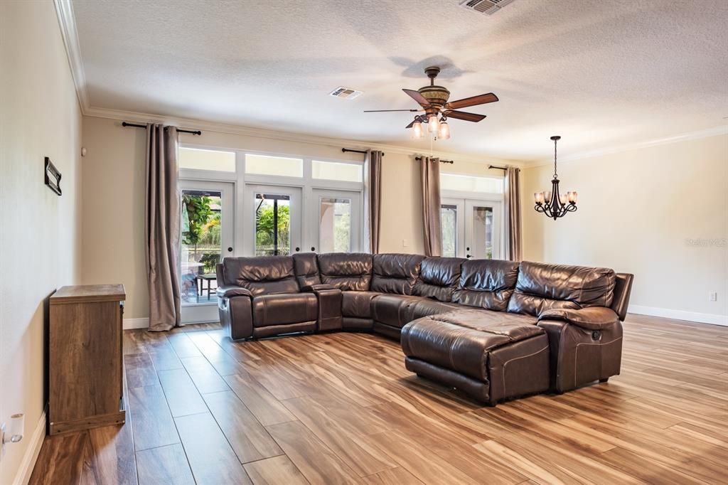 Chandelier, Interior, Living room, Wood Texture Flooring