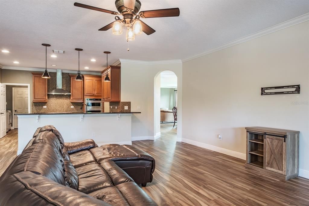 Interior, Kitchen, Living room, Pendant Lights, Recessed Lighting, Stainless Steel Appliances, Wood Texture Flooring