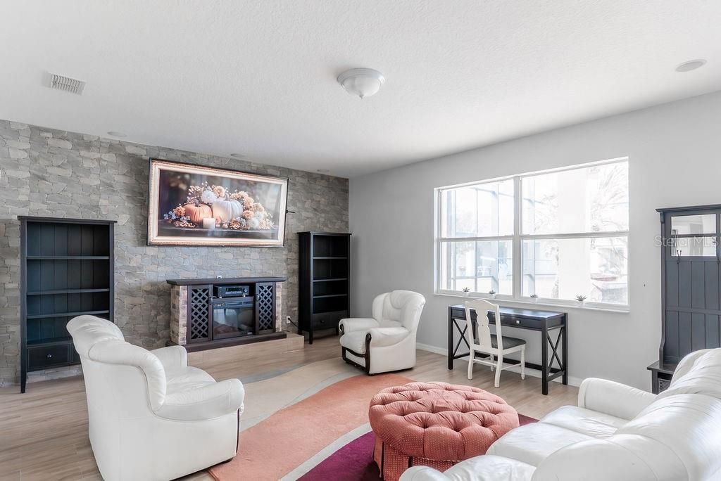 Fireplace, Home Office, Interior, Living room, Stone Walls, Wood Texture Flooring